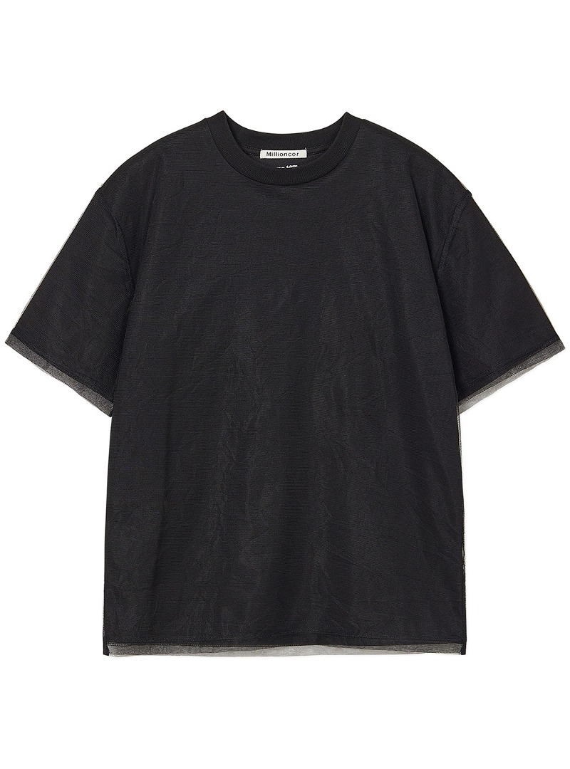 [무료 반품] [2/23 출고예정] [5528] 튤 레이어 숏슬리브 티셔츠 (블랙)